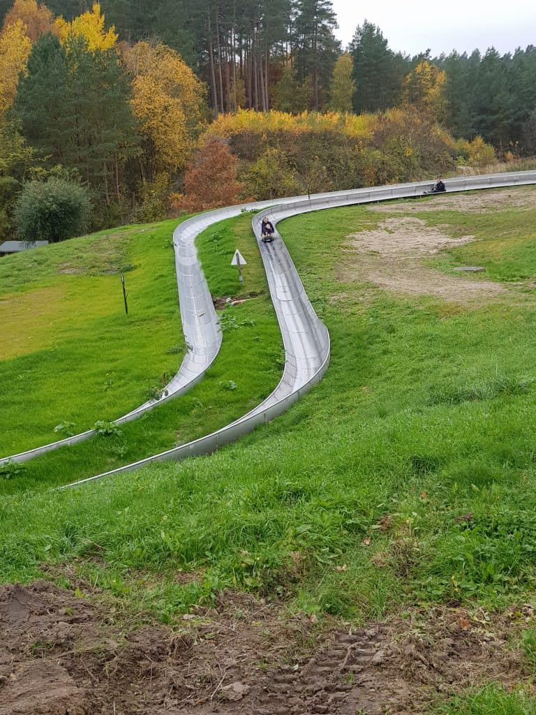 Sommerrodelbahn mit zwei Edelstahlbahnen an einem bewaldeten Hang